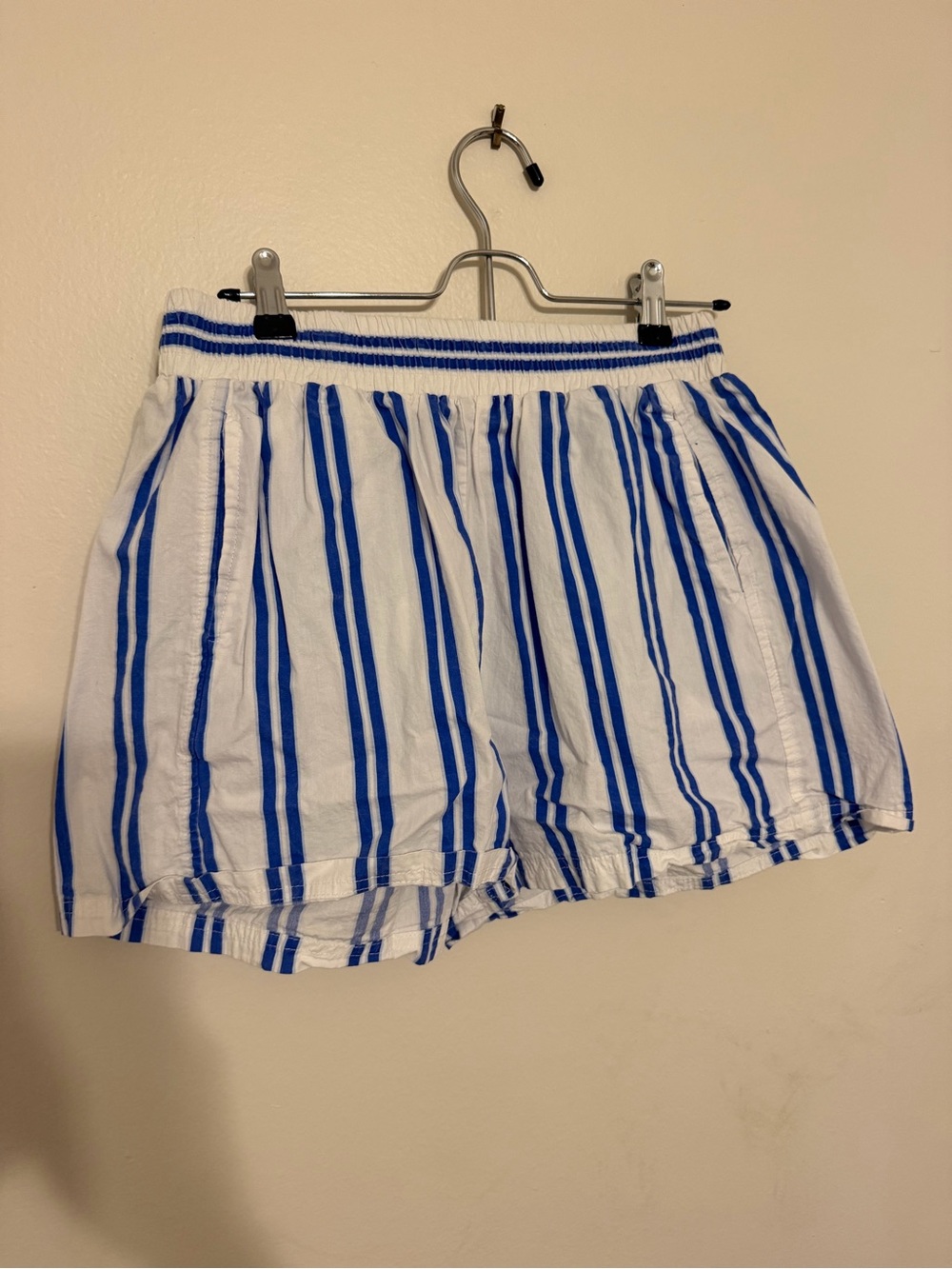 Amazon Women's Blue & White Striped High-Waist Shorts